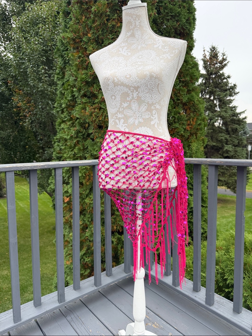 Hand-Knitted Fuchsia Triangle Fringe Shawl